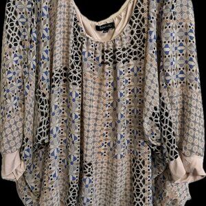 RELATIVITY Sheer Blouse w/ Pale-Pink Lining & Overlay w/Geometric Pattern
